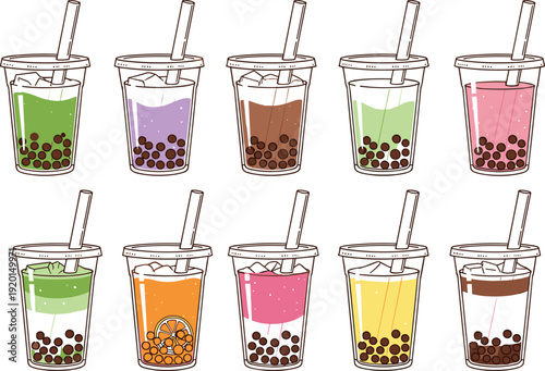 Bubble tea cups collection hand drawn boba milk tea colorful beverage vector illustration set