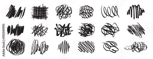  black pen Hand drawn Doodle scrawl. Simple grunge freehand shape. Ink pen scrawl collection - various scribble line drawings. Sketchy elements tangled lines.