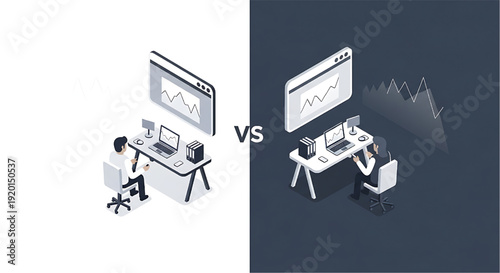 Comparing Market Performance Upward and Downward Data Trends on Computer Screens