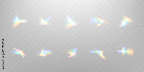 Blurred rainbow refraction overlay effect set. Light lens prism effect on  background. Holographic reflection, crystal flare leak shadow overlay. Vector abstract illustration.  