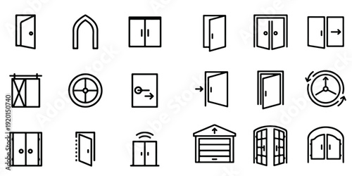 Door icons set. Open, close and ajar door. Doors collection. Opened entrance door set flat style - stock vector.