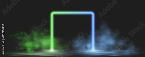 Neon frame with glowing blue and green light effects, futuristic portal gateway, vibrant smoke and LED illumination. abstract vector frame composition.
