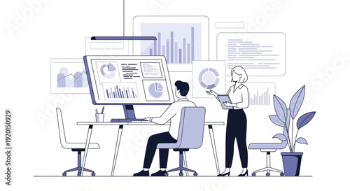 Business professionals analyzing data on computer screen in office environment.