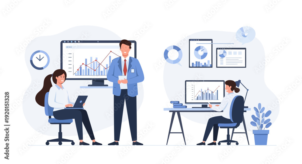 Naklejka premium Business professionals collaborating in modern office environment analyzing data.