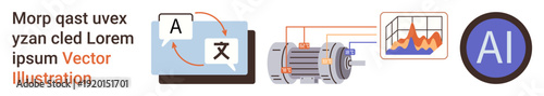 Artificial intelligence, translation tools, language processing, industrial automation, data analytics, digital technologies. Graphs, translation screens and AI icon. AI tools and language