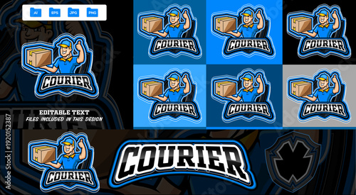 Professional courier mascot logo design in a blue uniform and cap holding a cardboard box and giving a thumbs-up. Smiling delivery worker with package, editable vector.eps