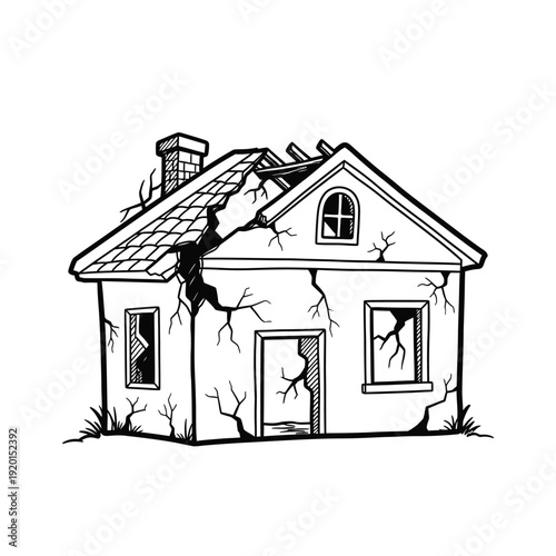 Damaged House Illustration with Cracked Walls and Roof