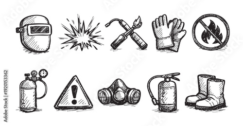 Black and white sketch illustration featuring welding mask, gloves, boots, gas mask, oxygen tank, explosion, extinguisher, warning sign and no fire sign.
