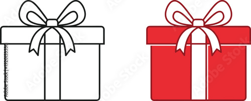 Gift box icons in outline and filled styles showing present packaging ribbon bow holiday celebration vector illustration minimal flat design