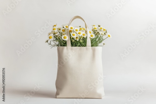 Beige canvas tote bag filled with daisies