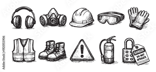 Hand drawn style illustration of personal protective equipment (PPE) for construction, including hard hat, gloves, and safety glasses. For safety regulations, posters, and hazard prevention themes.
