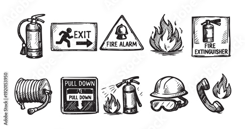 Hand drawn style icons for fire safety, including extinguisher, exit, alarm, hose, pull station, hard hat, and more. Ideal for safety manuals, educational materials, and emergency planning.