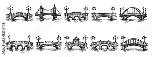 A set of 10 different bridges with lamp posts. Vector illustration with black outline sketch design isolated on white background. Good for travel, design, logo elements.