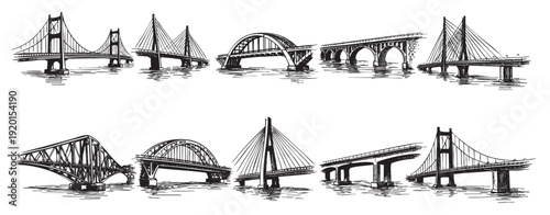 Black and white ink drawing illustration set of different bridge designs. Useful for architecture, travel, engineering, or construction-related projects. Isolated on white.