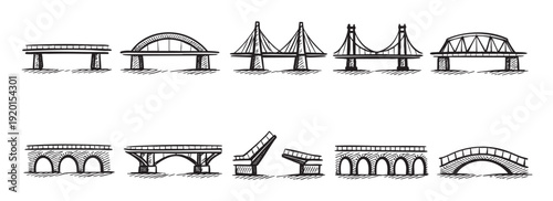 A vector illustration featuring a collection of different bridge styles, hand-drawn in black ink on a white background. Perfect for travel, architecture, or construction-related content.
