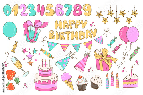 Set of Vector Birthday Invitation Elements with Cute Rabbit, Garland and Cake. Ideal for children's parties and artisanal stationery design.