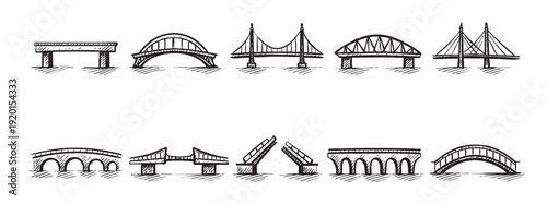 Hand-drawn bridge icons in black and white, various bridge styles. Perfect for architectural designs, cityscapes, construction projects, or travel illustrations.