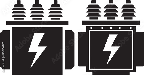 Two black and white silhouette icons of electrical power transformers with lightning bolt symbols, representing energy and electricity.