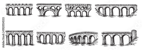 Black and white vector illustration of various aqueduct designs. Hand-drawn style. Use for history, architecture, engineering, or travel related themes.