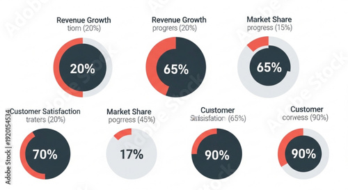 Business growth statistics with pie charts showing revenue market share and customer satisfaction progress