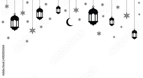 Minimalist Islamic banner with black hanging lanterns, stars, and crescent moon on a white background. Perfect for Ramadan or Eid greeting designs.
