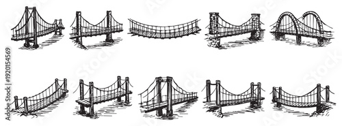 Collection of hand-drawn suspension bridges in various styles. Black and white drawings showcase architectural designs. Ideal for educational materials, travel-themed projects or graphic designs.