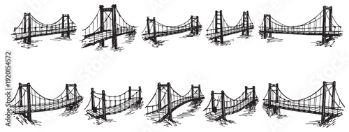 Black and white illustration pattern of suspension bridges on a white background. Useful for backgrounds, designs, travel, urban themes, education, architecture, history, and city concepts.