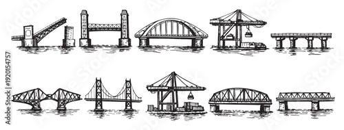 Black and white sketch illustration of a set of diverse bridge designs and a cargo crane. Could be used for maps, infographics, or architectural renderings.