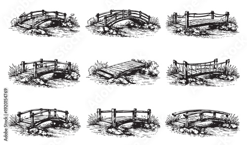 Collection of nine hand drawn bridge illustrations. Perfect for architectural designs, garden layouts or as standalone graphic elements. Black and white detailed design.