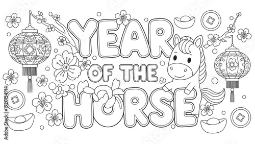 Year of the Horse Coloring Page: Cute Horse, Lanterns, Cherry Blossoms, Chinese Coins