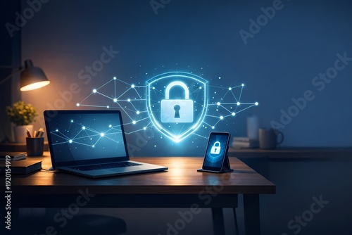 Laptop and phone with holographic padlock in home office