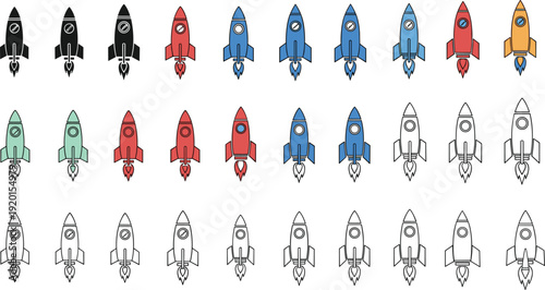 Rocket icon illustration set, colorful design artwork, flame motif, propulsion symbol vector collection for space, launch, and exploration themes