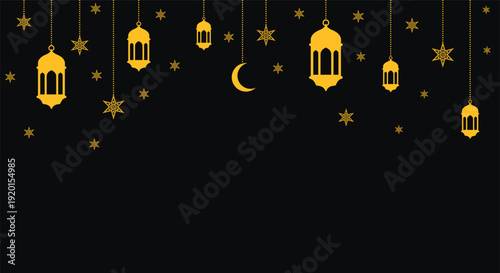 Luxury Islamic celebration banner with golden lanterns and stars on a black background. Sophisticated design for Ramadan Kareem or Eid festivals.
