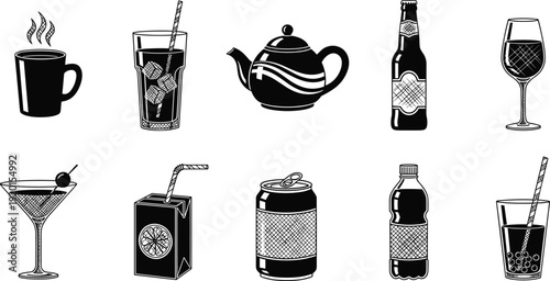 Black and White Beverage Silhouette Set Featuring Coffee Mug Tea Pot Beer Bottle Wine Glass Cocktail Soda Can Juice Box and Bubble Tea Icons