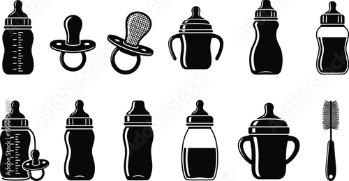 Baby Bottle and Pacifier Silhouette Set Featuring Infant Feeding Bottles Sippy Cups Soothers and Cleaning Brush Icons for Newborn Care Nursery and Parenting Graphic Design