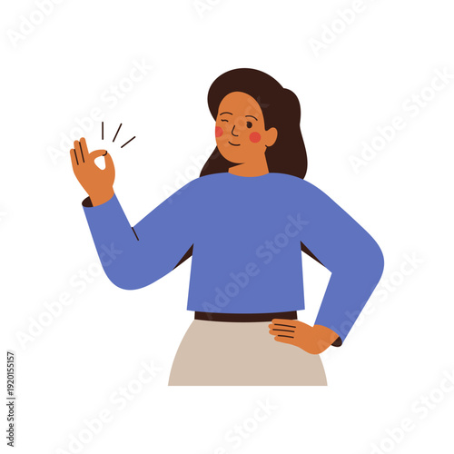 Happy young woman gesturing OK with hand. Smiling girl with yes, okay, approval, good, alright sign. Flat vector illustration isolated on white background