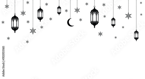 Minimalist Islamic banner with black hanging lanterns, stars, and crescent moon on a white background. Perfect for Ramadan or Eid greeting designs.