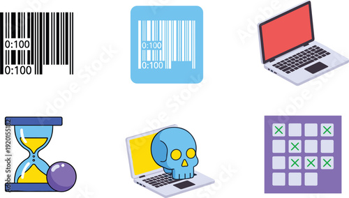 Cyber security and digital risk concept with barcode laptop virus hourglass and password symbols vector