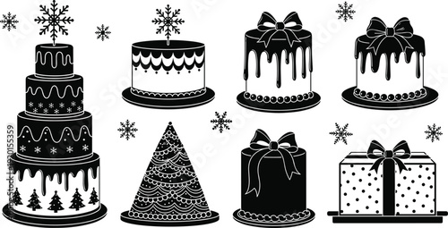 Black and White Winter Holiday Cake Silhouettes Set with Christmas Trees Snowflakes Ribbons and Tiers for Festive Celebration Greeting Cards and Vector Graphic Desig