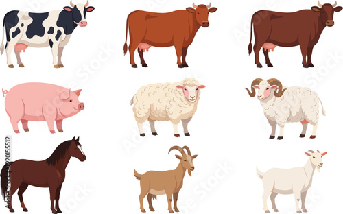 Farm animals collection with cow pig sheep horse goat livestock flat vector illustration set