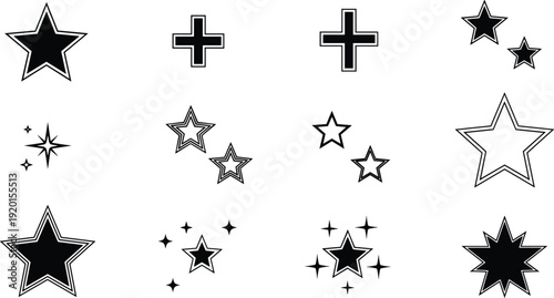 Star sparkle and plus symbol collection hand drawn outline decorative vector illustration icon set