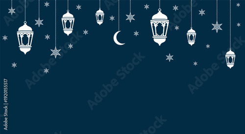 Navy blue Islamic header with white decorative lanterns and moon. Clean night sky aesthetic for Ramadan, Eid Al-Adha, and religious invitations.