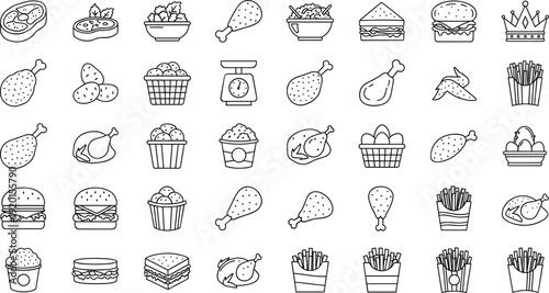 Fast food icon set with fried chicken burgers sandwiches french fries and poultry for restaurant menu vector illustration