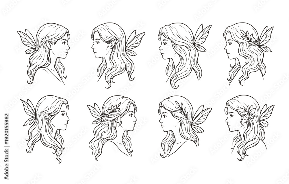 Fototapeta premium Halftone Portrait Fairy Girl Long Hair Profile Outline Set 8 Sketch Line Art Side View-Ethereal Flowing Minimalist Vector Set