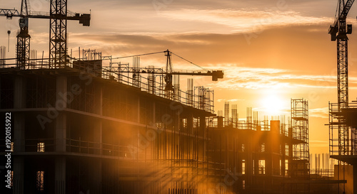 Construction site with cranes and scaffolding at sunset with dramatic lighting