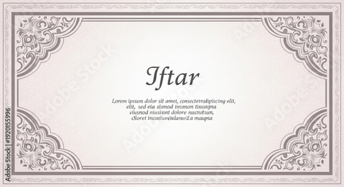 Elegant iftar invitation card with ornate designs and text on white background