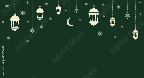 Elegant Ramadan Kareem background featuring cream hanging lanterns and stars on a deep green backdrop. Traditional Islamic art style for holidays.