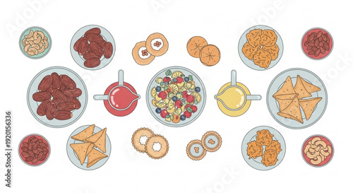 Variety of snacks and finger foods on plates and bowls colorful illustration of appetizers and treats for parties or events