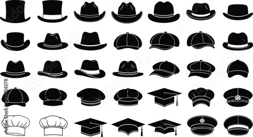 Hat Silhouettes Vector Icon Set Featuring Cowboy Hats Top Hats Berets Graduation Caps and Chef Hats for Fashion Design Professional Uniforms and Stylish Headwear Graphics