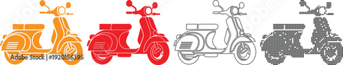 Vintage scooter illustrations in different colors and styles isolated on transparent background